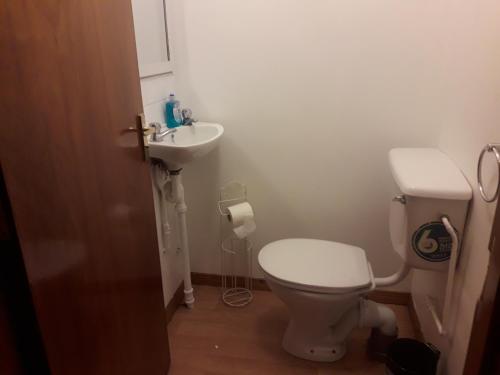 La salle de bains est pourvue de toilettes et d'un lavabo. dans l'établissement Bridge House Derry City Townhouse Central free Parking, à Derry Londonderry