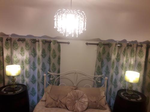 - une chambre avec un lit, deux lampes et un lustre dans l'établissement Bridge House Derry City Townhouse Central free Parking, à Derry Londonderry