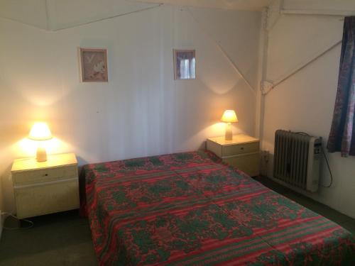 ein Schlafzimmer mit einem Bett und zwei Nachttischen mit Lampen in der Unterkunft Appartement L Eiffel in Coulonges