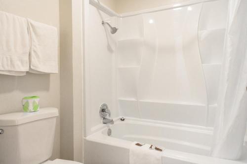 a white bathroom with a shower and a toilet at Motel Santa Cruz in Santa Cruz