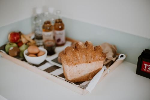 a tray with bread and eggs on a counter at Silkwood Estate in Pemberton
