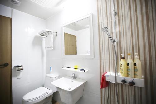 a bathroom with a toilet and a sink and a mirror at Flora hostelpension in Yeosu