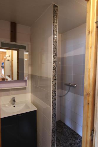 une salle de bain avec un lavabo et une douche dans l'établissement Vanoise Appartements VTI, à Val Thorens