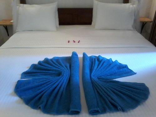 高爾的住宿－秘密宮殿旅館，一张带蓝色床单和枕头的床