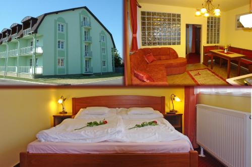 2 fotos de una habitación de hotel con cama en HoldLux Apartmanok, en Sárvár