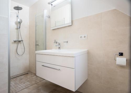 ein Badezimmer mit einem weißen Waschbecken und einer Dusche in der Unterkunft Remise Thurn in Heroldsbach