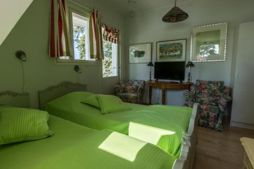 a bedroom with a green bed and a television at Villa Harald - Beachfront in Hitis