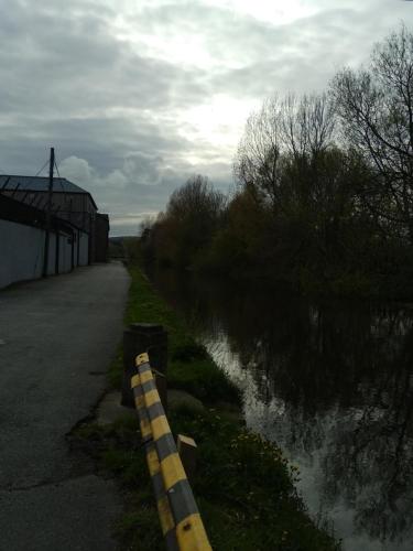 a river with a yellow and white stripe next to a road at Townhouse 2 Barrow Lane in Carlow
