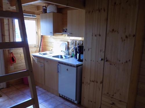 a small kitchen with a sink and a washing machine at Himmelpfort Ferienhäuser am Eichberg in Fürstenberg