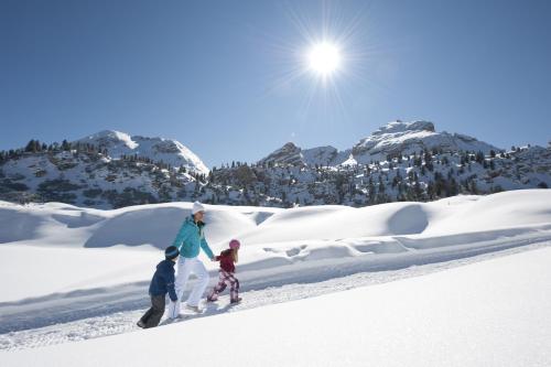 a group of three people walking in the snow at B&B Boutique Apartment Oberwiesen in Brunico