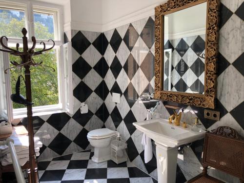 a bathroom with a sink and a toilet and a mirror at Sarah's Altstadt Oase Salzburg in Salzburg