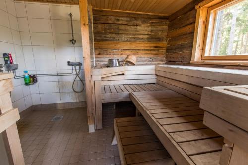 a bathroom with a sink in a wooden cabin at Villa Björn with Sauna in Hitis