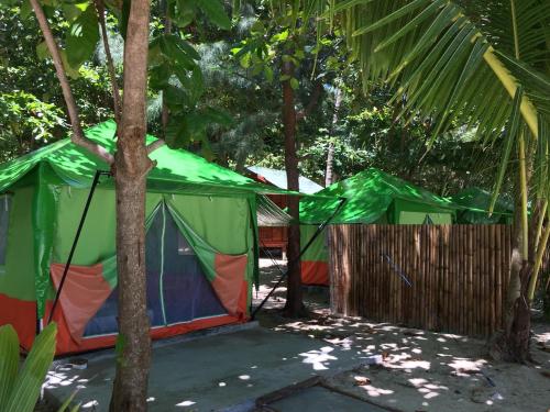 a group of green and colorful tents in the woods at Koh Ngai Camping Restaurant @ Bar in Ko Ngai