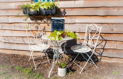 two chairs and a table with plants on it at La Vie en Rose - a fully equipped pet friendly contactless house with fenced garden between the fields in Torhout