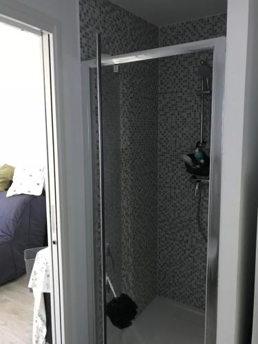 une douche avec une porte vitrée dans une salle de bain dans l'établissement Les fleurs, à Cannes