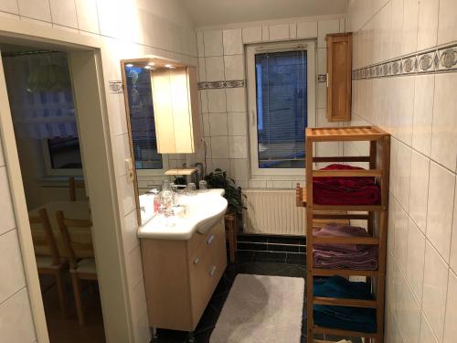 a bathroom with a sink and a mirror at Schlossblick Apartment in Gotha