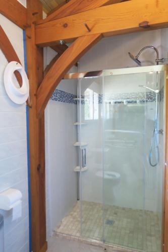 une douche avec une porte vitrée dans une salle de bain dans l'établissement Le Campagnol, à Saint-Justin