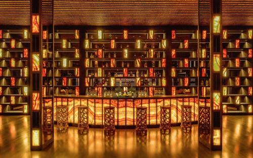 a library with shelves of books on the wall at Kudadoo Maldives Private Island – Luxury All inclusive in Lhaviyani Atoll