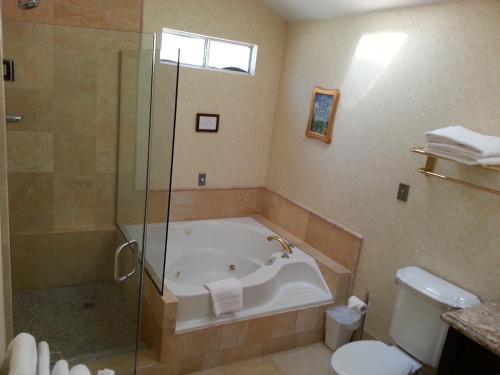 a bathroom with a tub and a shower and a toilet at The Vendange Carmel Inn & Suites in Carmel