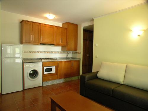 a living room with a couch and a kitchen at Apartamentos Puente La Molina in Carreña de Cabrales 