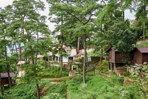 a group of houses on a hill with trees at The Heritage Club - Tripura Castle Hotel and Spa in Shillong