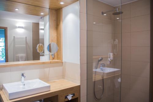 a bathroom with a sink and a shower at Gasthaus Sonne Neuhäusle in Sankt Märgen