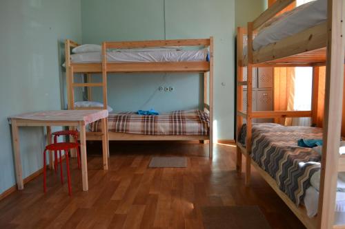 オムスクにあるIrtysh Hostelの二段ベッド2台、テーブル、デスクが備わる客室です。
