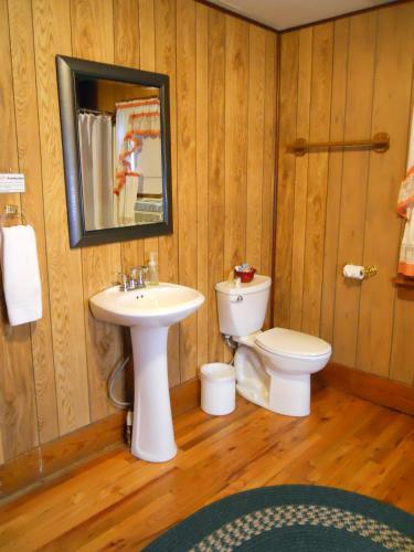 a bathroom with a sink and a toilet and a mirror at Little River Inn Motel in Leon
