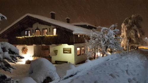 a house covered in snow at night at Aqua Apartments Spa Housemuhlbach in Sappada