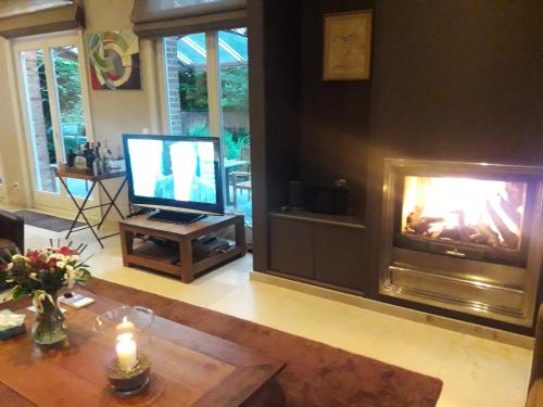 a living room with a fireplace and a television at Prachtig herenhuis uit 1925 in Nijlen