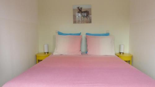 a bedroom with a bed with pink sheets and two lamps at Houseboat In The Center, 5 min walk to Tropical Museum, Free Wifi! in Amsterdam