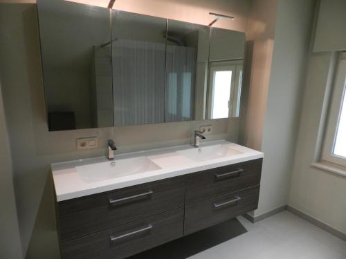 a bathroom with a sink and a mirror at Fleur d’ Amour in Heuvelland