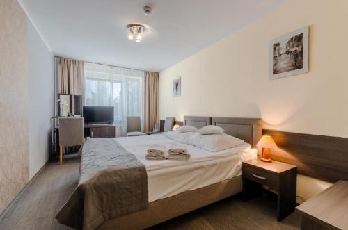 una camera d'albergo con letto e TV di Hotel IKAR a Bydgoszcz