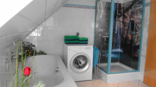 a bathroom with a washing machine and a shower at FEWO-Frammersbach in Frammersbach