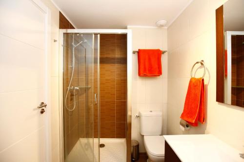 ein Bad mit einer Dusche, einem WC und einem Waschbecken in der Unterkunft Luxury apartment with sea view in Hendaye (France) in Hendaye