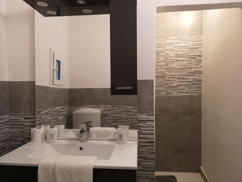 W łazience znajduje się umywalka i lustro. w obiekcie Appartamento Le Cicale w mieście Ferrara
