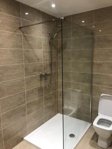 a bathroom with a glass shower with a toilet at Two Little Ducks Guesthouse in Ellesmere Port
