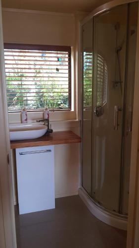 a bathroom with a sink and a shower with a window at Pohutukawa Coast BnB in Te Puru