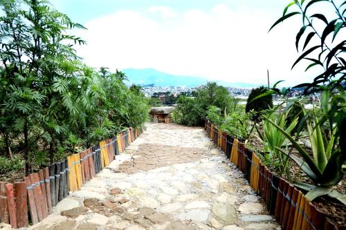 a garden path with a fence and plants at Green Eco Resort in Kirtipur