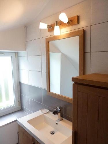 une salle de bain avec un lavabo et un miroir dans l'établissement 46 Avenue Pasteur, à Saint-Malo