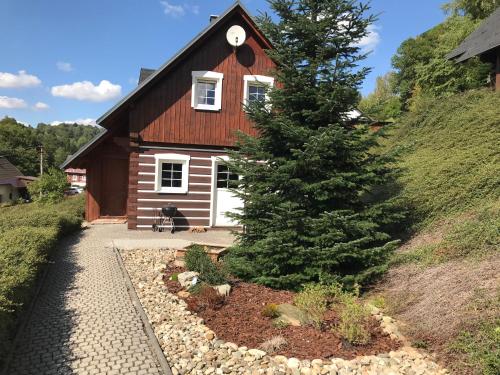 una pequeña casa con un árbol delante en Modern chalet Na Zlatníku, en Zlatá Olešnice