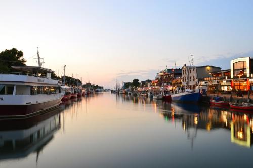 un grupo de barcos están atracados en un río en Ferienapartment Warnemünde 1 en Warnemünde