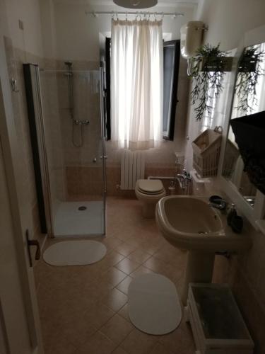 a bathroom with a shower and a toilet and a sink at Il Vicolo di Ripa B&b in Ripatransone