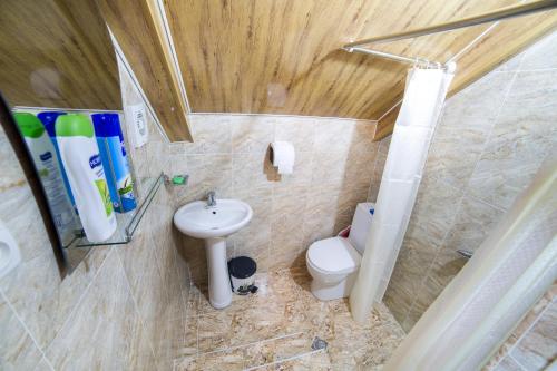 a small bathroom with a sink and a toilet at Light House Old City in Akhaltsikhe