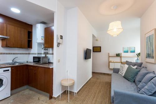 ein Wohnzimmer mit einem Sofa und einer Küche in der Unterkunft Apartamentos San Lorenzo in Sevilla