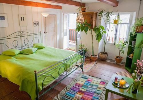 ein Schlafzimmer mit einem grünen Bett in einem Zimmer mit Topfpflanzen in der Unterkunft Bed and Breakfast da Toldo in Russo