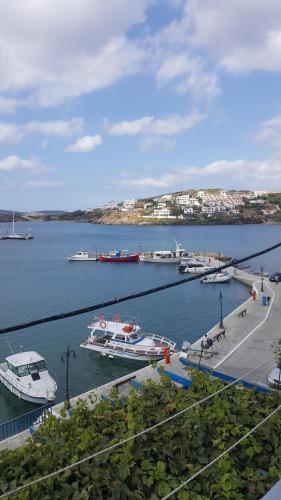 a group of boats docked in a harbor at Esperides Sea in Andros