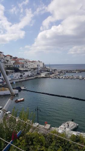 a view of a harbor with boats in the water at Esperides Sea in Andros
