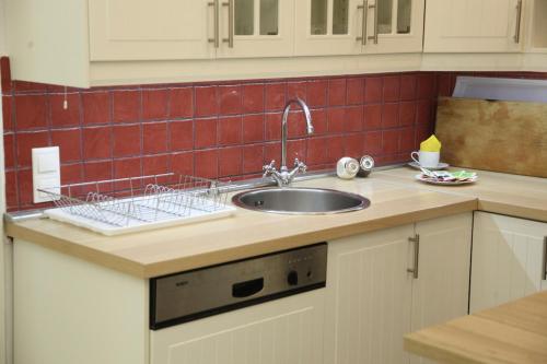a kitchen counter with a sink and red tiles at Superior Loft at Basilica in Budapest