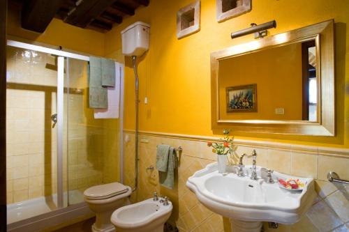 a bathroom with a sink and a toilet and a mirror at Tenuta Sant'Ilario in Gambassi Terme